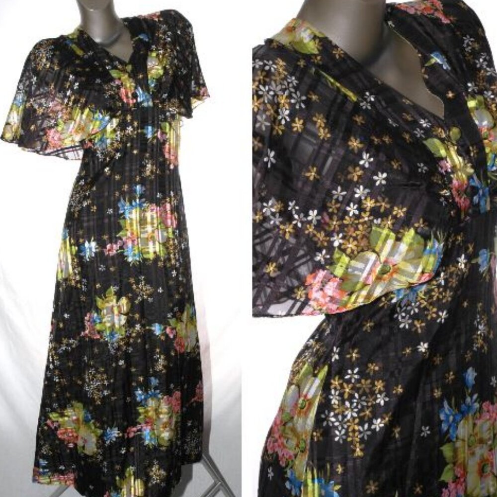 Maxi DRESS Sleeveless Lined Floral Party Cottage Core Vintage 70s 80s Sz XS
